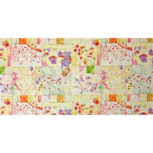 May include: A rectangular fabric with a patchwork design featuring floral patterns in shades of pink, purple, red, and yellow. The fabric is divided into squares with various floral arrangements and abstract elements.