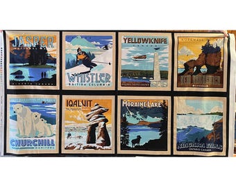 DISCOVER CANADA Fabric Panel Robert Kaufman exclusively for JN Harper Design #17158 Cities across Canada-Jasper to Iqaluit- approx 23" x 43"