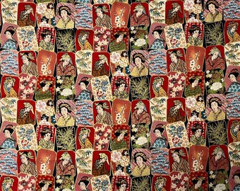MAHOU CARDS Geisha Japanese Makower UK England Vintage - Out of Print Rare 100% Cotton Quilt Fabric - By The 1/2 Yard - 18" x 43"(wof)