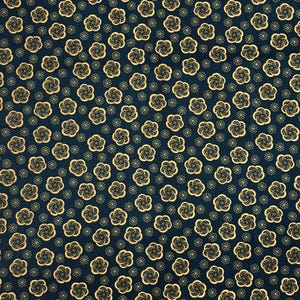 May include: Dark navy fabric with a repeating pattern of gold-colored floral designs and small gold dots. The floral pattern is a stylized, swirling design. The fabric has a dense, all-over pattern.