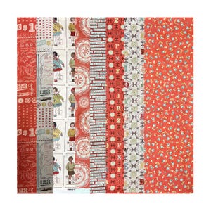 Peut inclure: Un tissu patchwork avec divers motifs et dessins. Le tissu comprend des rayures rouges, blanches et beiges avec des motifs floraux, géométriques et textuels. Certaines sections présentent des illustrations d'enfants et de chiffres.