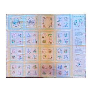 May include: A blue and white fabric panel with an alphabet theme. Each letter of the alphabet is surrounded by a colorful illustration of animals. The fabric panel is perfect for quilting, sewing, and crafting projects.