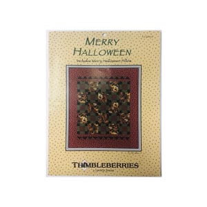 May include: A quilting pattern for a "Merry Halloween" quilt featuring a patchwork design with a red, black, and green color scheme. The pattern includes instructions for a pillow. The pattern is by Thimbleberries by Lynette Jensen.