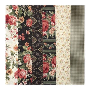 May include: A collection of fabric swatches featuring floral and checkered patterns. The fabrics display a variety of designs, including large red roses, small yellow flowers, and a black and white gingham check. The color palette includes red, black, white, and green.