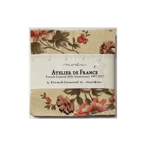 May include: A stack of fabric squares with a floral pattern in shades of pink, red, and green on a cream background. The label reads "ATELIER DE FRANCE" and "French General 20th Anniversary 1997-2017".