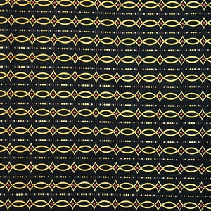 May include: A repeating pattern on a black background. The design features interconnected gold-colored ovals and diamond shapes, interspersed with small red and white dots. The overall effect is a geometric, decorative textile pattern.