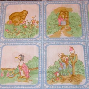 May include: A fabric panel with a blue border and white background featuring eight different illustrations of Peter Rabbit characters. The illustrations include Peter Rabbit, Benjamin Bunny, Mrs. Tiggy-Winkle, and Jemima Puddle-Duck.