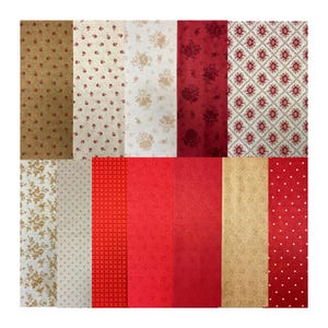 May include: A collection of patterned fabric swatches in various designs and colors. The swatches include floral, polka dot, and geometric patterns in shades of red, gold, beige, and white. The fabrics appear to be cotton or a similar material.