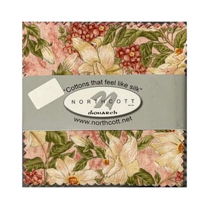 May include: Fabric squares with a floral design. The fabric displays cream-coloured flowers, red buds, and green leaves on a pink backdrop. The packaging includes the text "Cottons that feel like silk" and the Northcott brand name.
