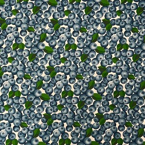 May include: A fabric design featuring a dense pattern of blueberries and green leaves against a cream background. The blueberries are various shades of blue-grey, and the leaves are a vibrant green.