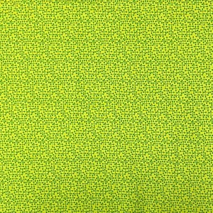 May include: A close-up of a fabric with a repeating pattern of dark green dots and lines on a bright yellow-green background. The design is evenly spaced, creating a textured appearance. The fabric is likely used for sewing or crafting projects.