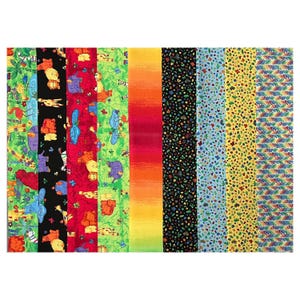 May include: A collection of colorful fabric swatches. The fabrics feature various patterns, including animal prints, floral designs, and gradient stripes. Colors include green, red, orange, yellow, black, and blue. The fabrics are likely intended for quilting or crafting projects.