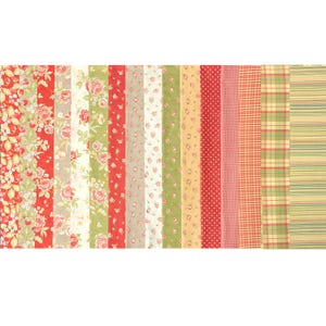 May include: A collection of fabric swatches in various patterns and colors. Designs include floral, polka dots, gingham, and stripes. Colors include red, green, beige, and yellow. Ideal for quilting and crafting projects.