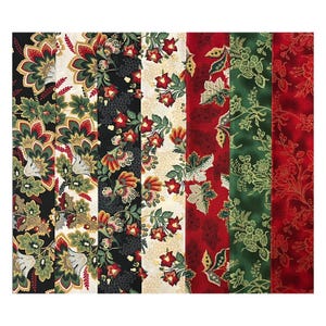 May include: A collection of fabric swatches with floral patterns. The fabrics feature a variety of colors, including black, white, red, and green. The floral designs include large blooms and intricate leaf patterns.