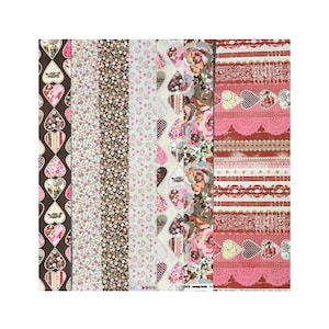 May include: A collection of patterned scrapbook paper sheets. Designs include hearts, floral patterns, and lace in shades of brown, pink, and cream. The papers are arranged vertically, showcasing a variety of textures and styles for crafting projects.