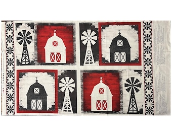May include: Fabric panel featuring a farmhouse theme. The design includes alternating squares with barns, windmills, and red and white backgrounds. The fabric has a distressed, rustic appearance, with black and white accents.