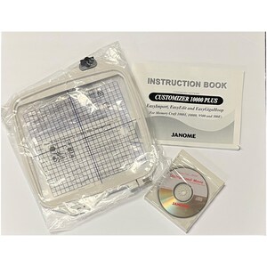 May include: A Janome embroidery hoop in a clear plastic bag with a grid insert, an instruction book titled Customizer 10000 Plus for Memory Craft 10001, 10000, 9500 and 300E, and a Janome instructional movie CD in a clear plastic case.