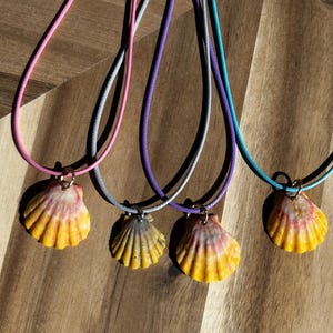 Puede incluir: Cuatro collares con colgantes de conchas de vieira naturales suspendidos en cordones de colores. Las conchas muestran degradados en amarillo, naranja y rosa. Los cordones son rosa, plateado, morado y azul claro, unidos por anillas.