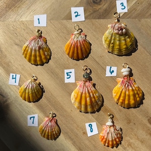 May include: Eight scallop shell pendants wrapped in gold-colored wire, each labeled with a number from 1 to 8. The shells feature gradients of yellow, orange, and pink. Some pendants include small white or grey beads attached to the wire bail.