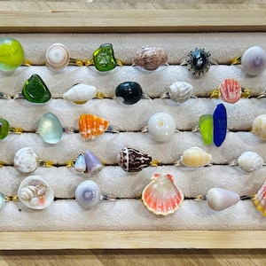 May include: A rectangular wooden display tray containing thirty-five rings, each featuring a unique natural seashell or piece of sea glass in various colors including green, white, orange, blue, pink, and brown, arranged in five horizontal rows.