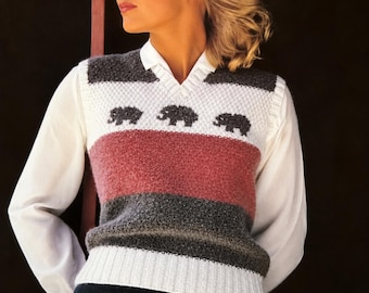 Vintage 1980s Elephant Angora Vest Knitting Pattern PDF | V Neck Animal Motif Pullover | DK Knit