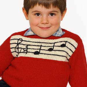 Könnte beinhalten: Ein roter Strickpullover mit Notenmuster. Der Pullover hat ein weißes Band mit schwarzen Noten und einem Violinschlüssel. Ein blau-weiß karierter Hemdkragen ist darunter sichtbar.