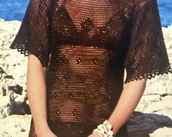 1970s Crochet Beach Cover-Up Tunic Dress Pattern, Lacy French Design (PDF Download)