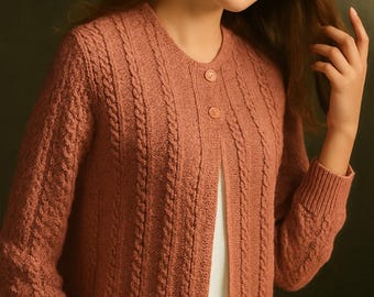 May include: A coral-colored knitted cardigan with a cable knit design. The long-sleeved sweater has a round neckline and two matching buttons. The cardigan is worn over a white top.