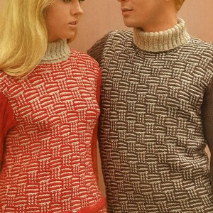 May include: A vintage photograph featuring two people wearing matching knitwear. The woman wears a red and white patterned sweater and skirt, while the man wears a brown and white patterned sweater. Both have turtleneck collars.