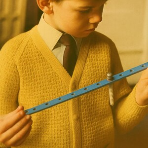 May include: A child wearing a yellow cardigan, a light-colored shirt, and a dark tie, holding a blue wooden construction toy. The cardigan has a textured pattern and button closure. The toy has a series of holes.