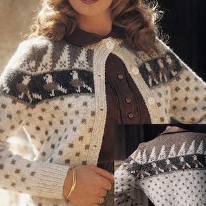 May include: A woman wearing a Fair Isle cardigan with a brown and white pattern. The cardigan has a button-up front and a brown collar. The text "CISSY Double Knit Novelty Fairisle Cardigan Instructions page 4" is visible.