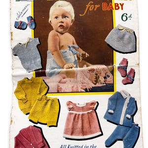 May include: Vintage advertisement for baby knitwear. The cover features a baby and various knitted garments in blue, yellow, and red. Text includes "BESTWAY EASI-KNIT WOOLLIES for BABY" and "All Knitted in the Famous 'LADYSHIP' Wools."