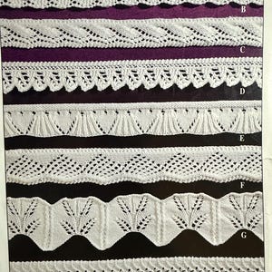 Könnte beinhalten: Eine Seite mit verschiedenen weißen Strickspitzenmustern. Die Muster umfassen verschiedene Designs, wie z. B. gewellte Kanten, Lochmuster und geometrische Formen. Die Spitze ist vor einem dunklen Hintergrund angeordnet, wobei jedes Muster mit einem Buchstaben gekennzeichnet ist.