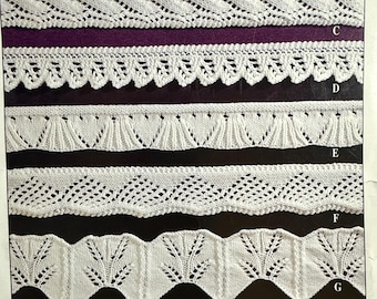 May include: A selection of white knitted lace patterns, showcasing diverse designs like scalloped edges and openwork. The lace is presented against a dark background, with each pattern identified by a letter. The image highlights the intricate details.