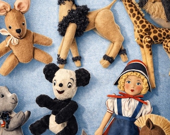 May include: A selection of soft toys in a vintage style, including a kangaroo, poodle, giraffe, panda, doll, and dog, set against a light blue backdrop. The words "Soft Toys" are at the top.