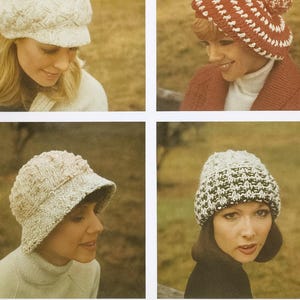 May include: Four images of women modelling knitted hats. The hats include a white newsboy cap, a red and white striped hat with a pom-pom, a beige cloche hat, and a black and white patterned beanie. The hats vary in style and colour.