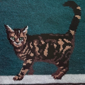 May include: A knitted image of a cat with brown and tan markings on a teal background. The cat is standing with its tail up, and its green eyes are visible. The cat is on a white surface.