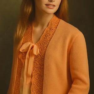 Può includere: Un cardigan arancione con un delicato design a merletto sullo scollo e sui polsini. Un fiocco abbinato adorna la parte anteriore. Il cardigan è di colore uniforme, offrendo un look classico ed elegante. Il capo è realizzato in un materiale morbido.
