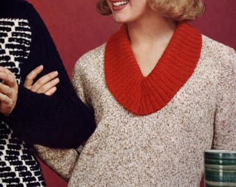 May include: A woman in a speckled sweater with a broad red collar. Another person wears a black sweater with a white geometric pattern. A teal glass dish and a green and white striped ceramic cup are on a red surface.
