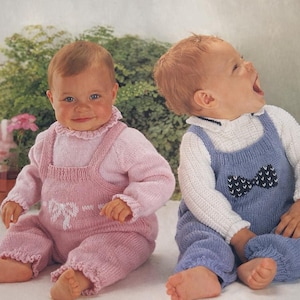 Molde de tricô vintage para bebês em PDF, jardineiras e suéteres, motivos de laços e gravatas borboleta.