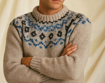 Vintage Herren Fair Isle Pullover Strickmuster - PDF-Download (Rundhals, 1980er Jahre Stil)