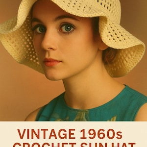 May include: A woman wearing a cream-colored, crocheted sun hat with a wide brim. The hat has a textured, open weave design. The image also includes text that reads "VINTAGE 1960s CROCHET SUN HAT PATTERN".