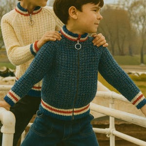 May include: Two children wearing matching zip-up sweaters. One sweater is navy blue, the other is cream-colored. Both sweaters have a textured knit pattern, a red, white, and blue striped collar, cuffs, and waistband, and a silver zipper.