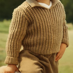 May include: A tan zip-up sweater with a textured knit pattern. The sweater has a collared neckline and ribbed cuffs and hem. The zipper is a matching tan color. The sweater is worn over a white shirt and paired with tan pants.