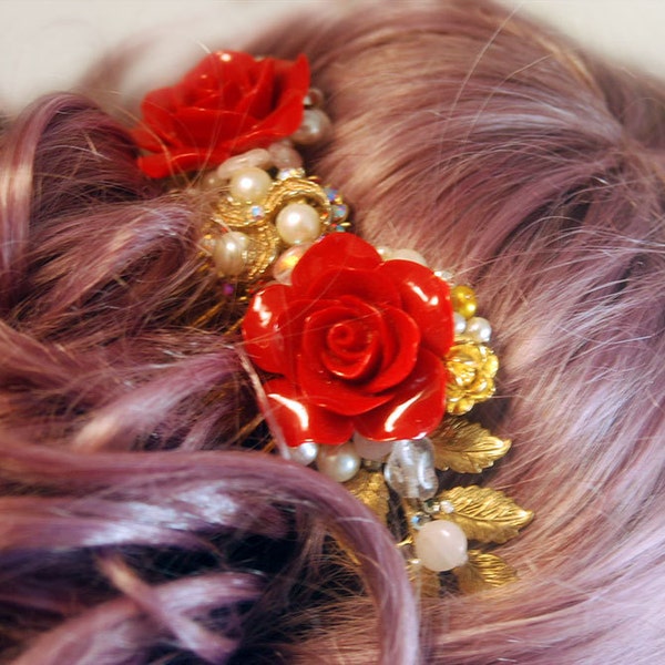 Runway Baroque Inspired Rose Quartz and Red Rose embellished hair comb