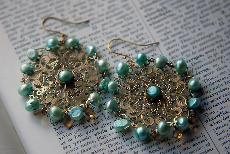 Upcycled Jewelry Cultured Freshwater Pearl Turquoise Gold Earring Lazer Cut Lace