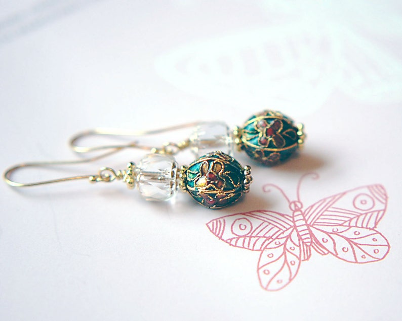 Earrings cloisonne honeysuckle, gold, green, Czech fire polished glass cathedral gold plated $20.00 Earrings cloisonne honeysuckle, gold, green, Czech fire polished glass cathedral gold plated $20.00