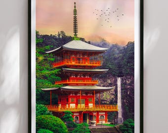 Nachi Falls Pagoda Print, Japan Sacred Wall Art, Kumano Kodo Photo, Spiritual Travel Poster, Fine Art Photography,
