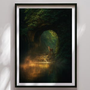 Impresión de fantasía de zorro kitsune, impresión de zorro kitsune, fotografía de cuevas japonesas, póster de arte espiritual, decoración de pared, impresión fotográfica cinematográfica
