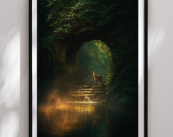 Kitsune Fox Fantasy Print,Kitsune Fox Print, Japan Cave Photography, Spiritual Art Poster, Wall Decor, Cinematic Photo Print